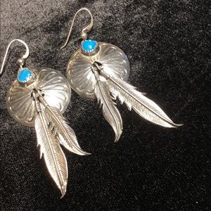 Silver and Turquoise Dangle Feather Earrings